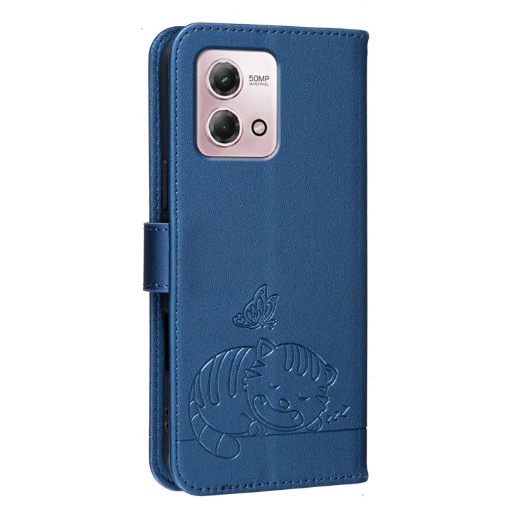 For Motorola Moto G Stylus 4G 2023 Cat Butterfly Embossed RFID Vegan Leather Phone Case with Strap