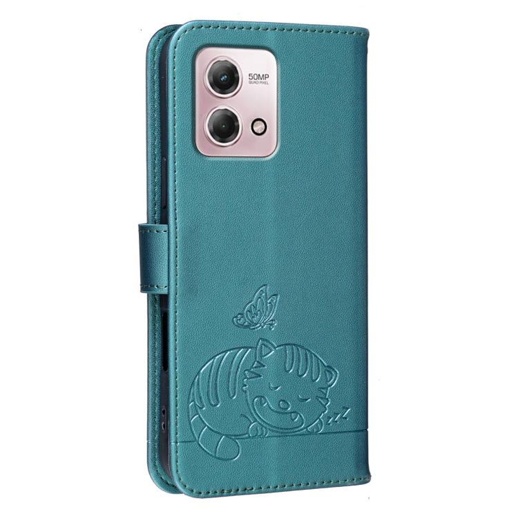 For Motorola Moto G Stylus 4G 2023 Cat Butterfly Embossed RFID Vegan Leather Phone Case with Strap