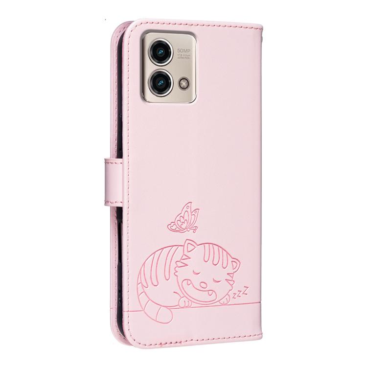 For Motorola Moto G Stylus 5G 2023 Cat Butterfly Embossed RFID Vegan Leather Phone Case with Strap