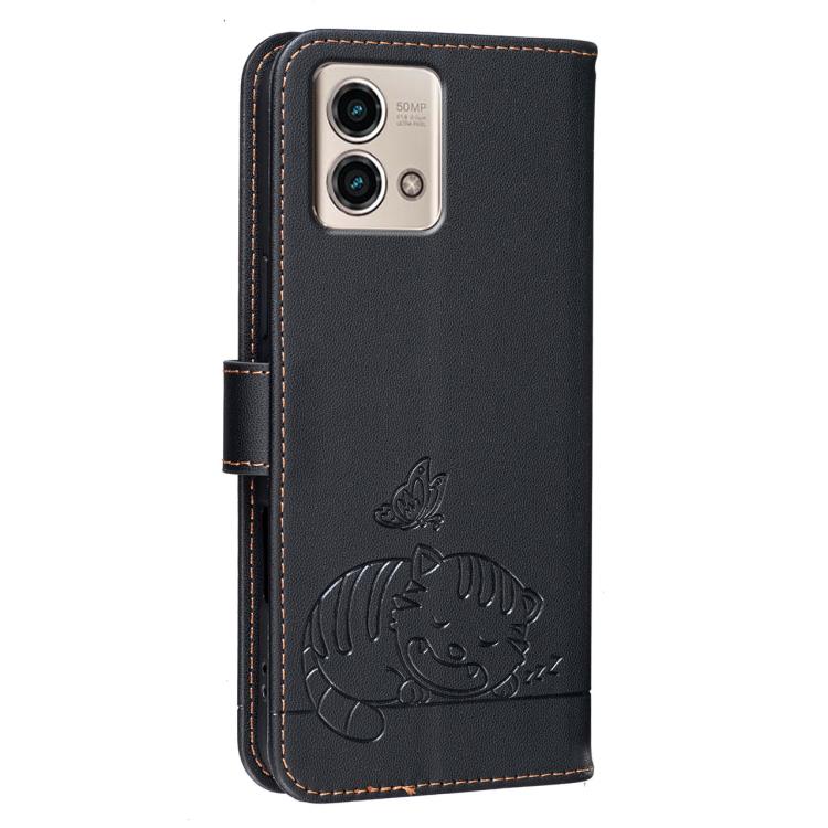For Motorola Moto G Stylus 5G 2023 Cat Butterfly Embossed RFID Vegan Leather Phone Case with Strap