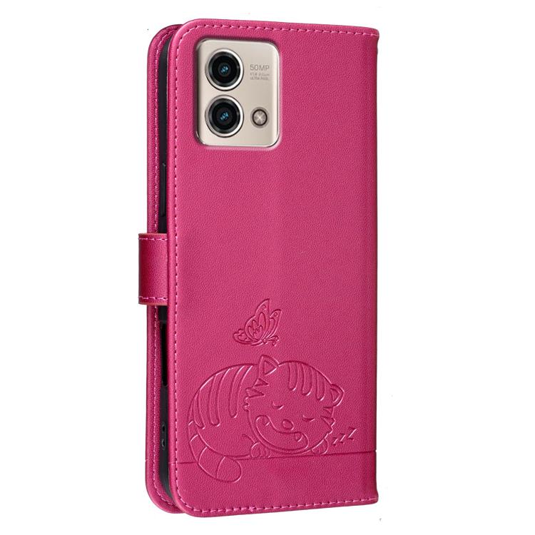 For Motorola Moto G Stylus 5G 2023 Cat Butterfly Embossed RFID Vegan Leather Phone Case with Strap