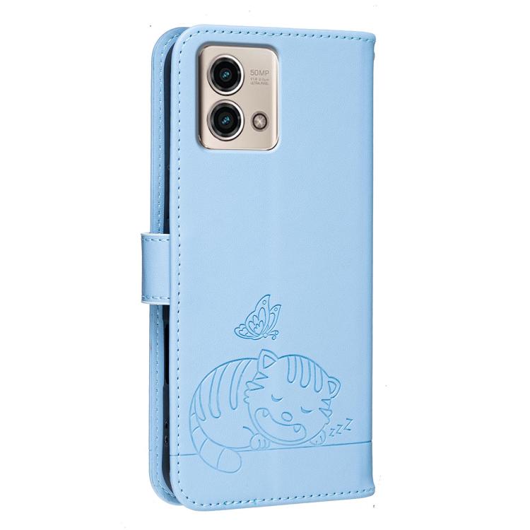 For Motorola Moto G Stylus 5G 2023 Cat Butterfly Embossed RFID Vegan Leather Phone Case with Strap