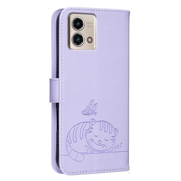For Motorola Moto G Stylus 5G 2023 Cat Butterfly Embossed RFID Vegan Leather Phone Case with Strap