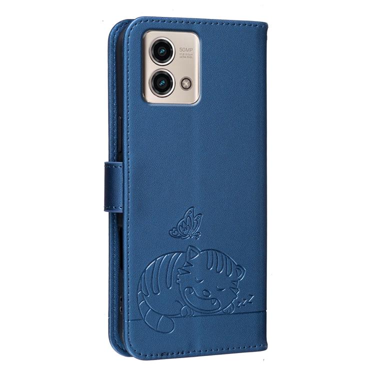 For Motorola Moto G Stylus 5G 2023 Cat Butterfly Embossed RFID Vegan Leather Phone Case with Strap