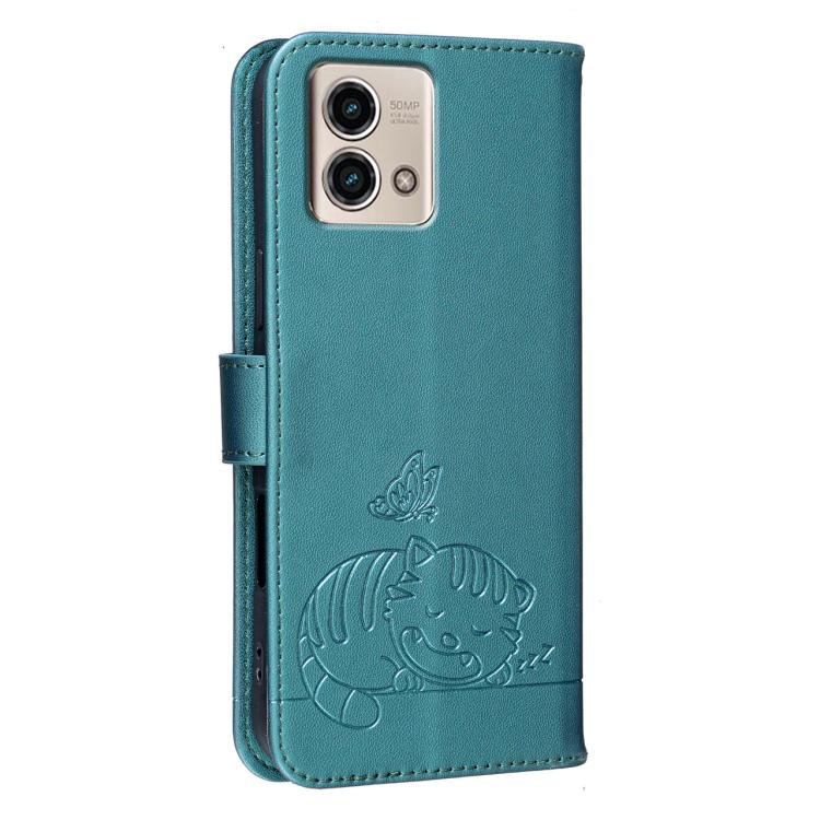 For Motorola Moto G Stylus 5G 2023 Cat Butterfly Embossed RFID Vegan Leather Phone Case with Strap