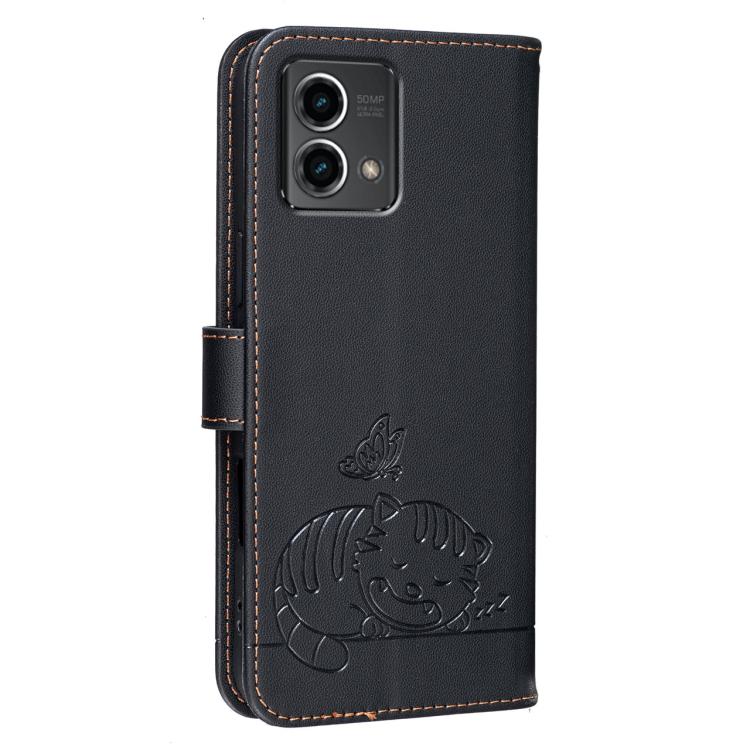 For Motorola Moto G Stylus 5G 2024 Cat Butterfly Embossed RFID Vegan Leather Phone Case with Strap