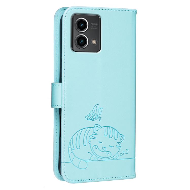 For Motorola Moto G Stylus 5G 2024 Cat Butterfly Embossed RFID Vegan Leather Phone Case with Strap