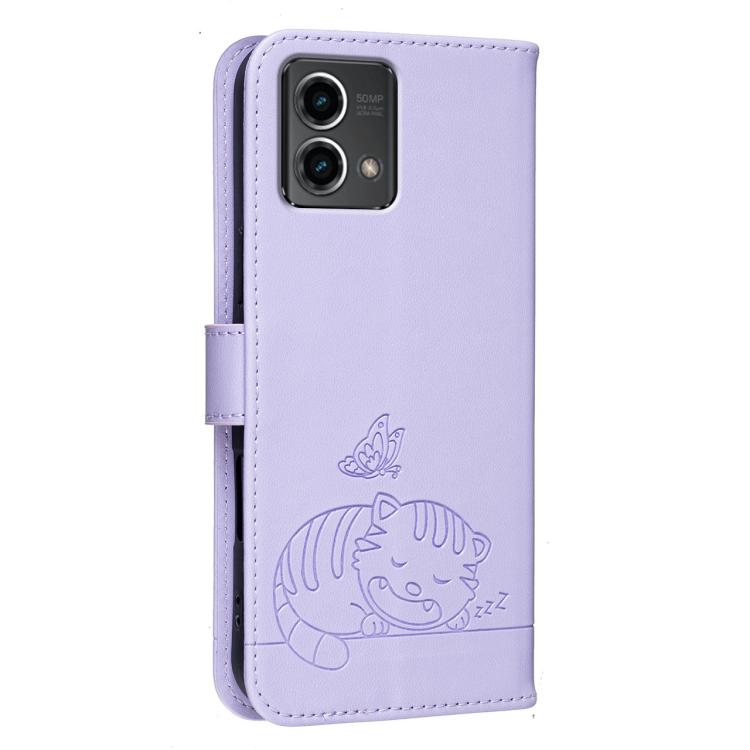 For Motorola Moto G Stylus 5G 2024 Cat Butterfly Embossed RFID Vegan Leather Phone Case with Strap