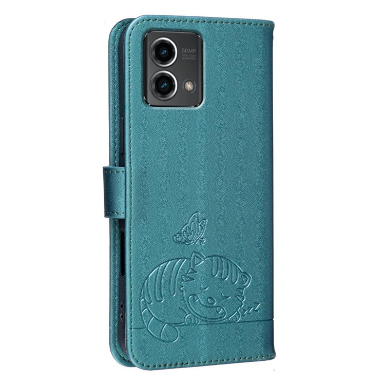 For Motorola Moto G Stylus 5G 2024 Cat Butterfly Embossed RFID Vegan Leather Phone Case with Strap