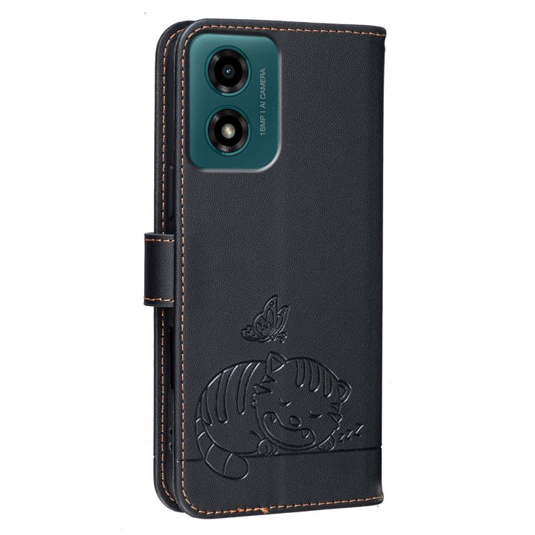 For Motorola Moto G04 Cat Butterfly Embossed RFID Vegan Leather Phone Case with Strap