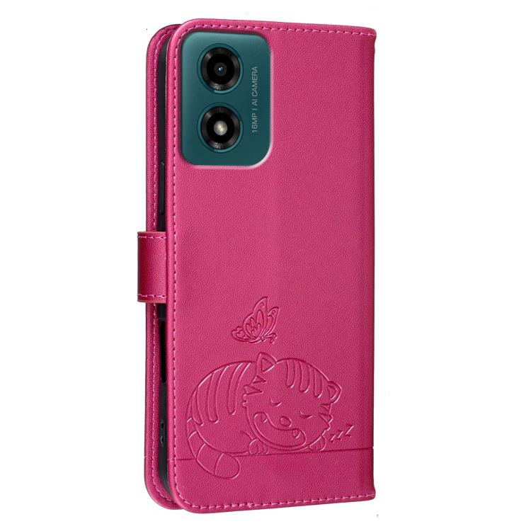 For Motorola Moto G04 Cat Butterfly Embossed RFID Vegan Leather Phone Case with Strap