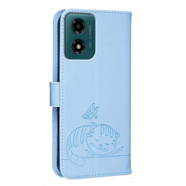 For Motorola Moto G04 Cat Butterfly Embossed RFID Vegan Leather Phone Case with Strap