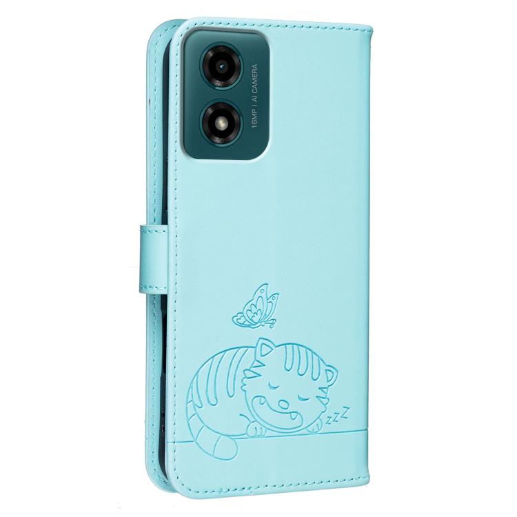 For Motorola Moto G04 Cat Butterfly Embossed RFID Vegan Leather Phone Case with Strap