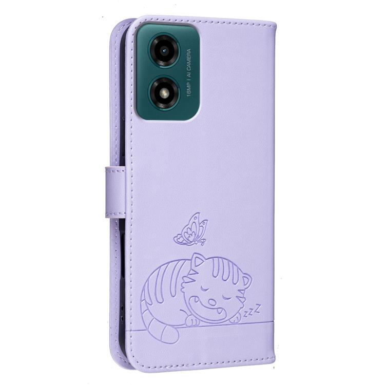 For Motorola Moto G04 Cat Butterfly Embossed RFID Vegan Leather Phone Case with Strap