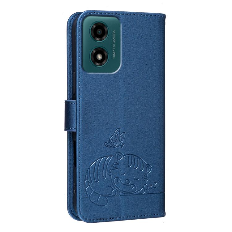 For Motorola Moto G04 Cat Butterfly Embossed RFID Vegan Leather Phone Case with Strap