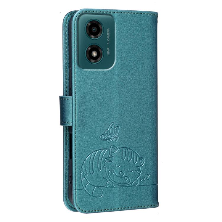 For Motorola Moto G04 Cat Butterfly Embossed RFID Vegan Leather Phone Case with Strap