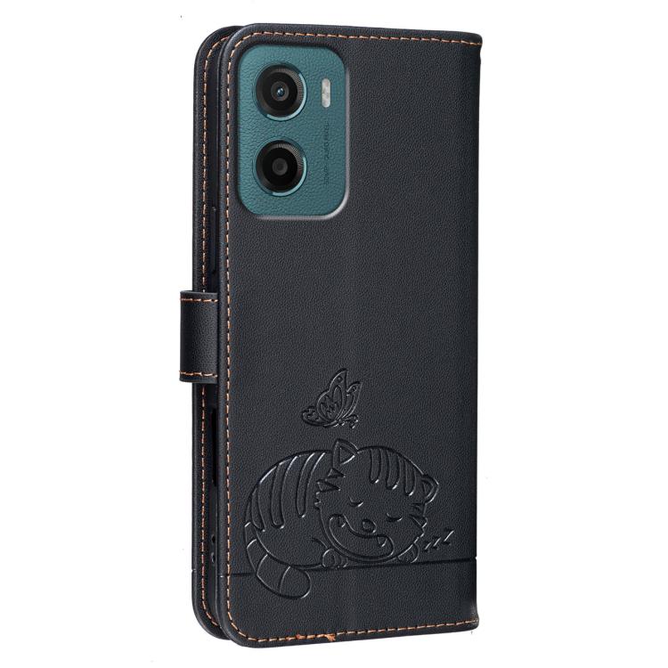 For Motorola Moto G05 Cat Butterfly Embossed RFID Vegan Leather Phone Case with Strap