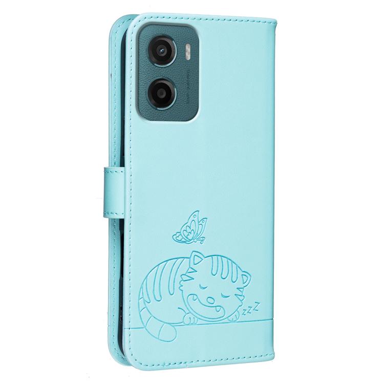 For Motorola Moto G05 Cat Butterfly Embossed RFID Vegan Leather Phone Case with Strap