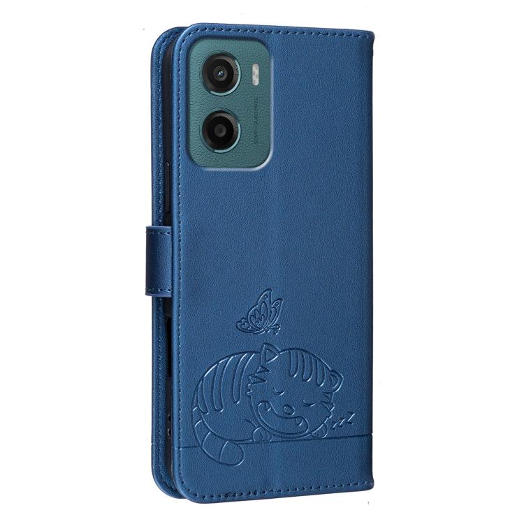 For Motorola Moto G05 Cat Butterfly Embossed RFID Vegan Leather Phone Case with Strap