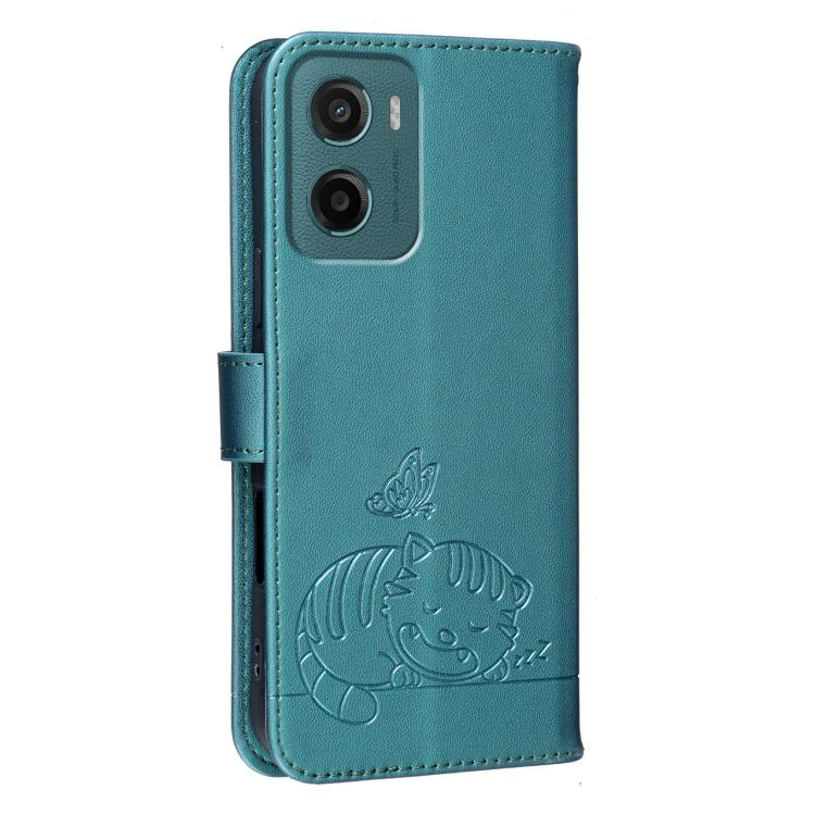 For Motorola Moto G05 Cat Butterfly Embossed RFID Vegan Leather Phone Case with Strap