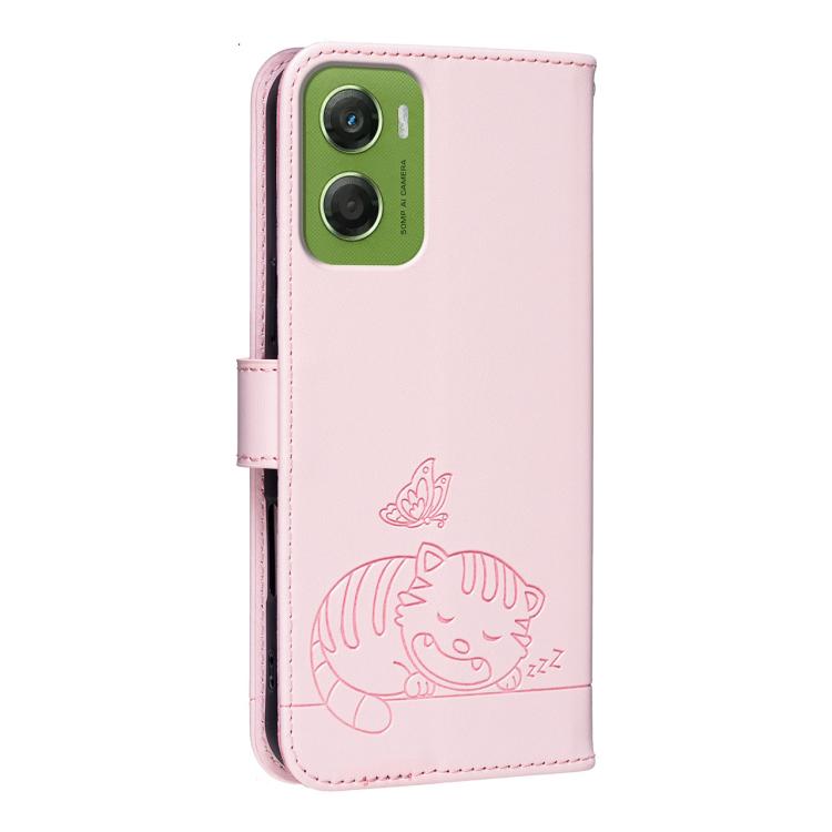 For Motorola Moto G06 4G Cat Butterfly Embossed RFID Vegan Leather Phone Case with Strap