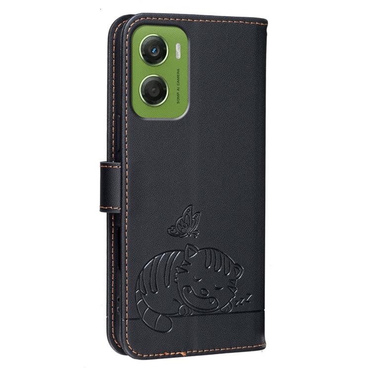 For Motorola Moto G06 4G Cat Butterfly Embossed RFID Vegan Leather Phone Case with Strap