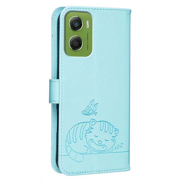 For Motorola Moto G06 4G Cat Butterfly Embossed RFID Vegan Leather Phone Case with Strap