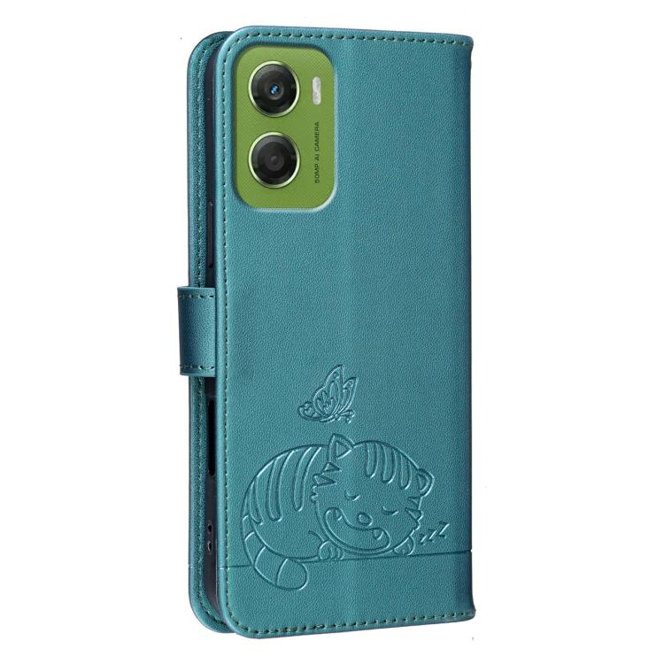 For Motorola Moto G06 4G Cat Butterfly Embossed RFID Vegan Leather Phone Case with Strap
