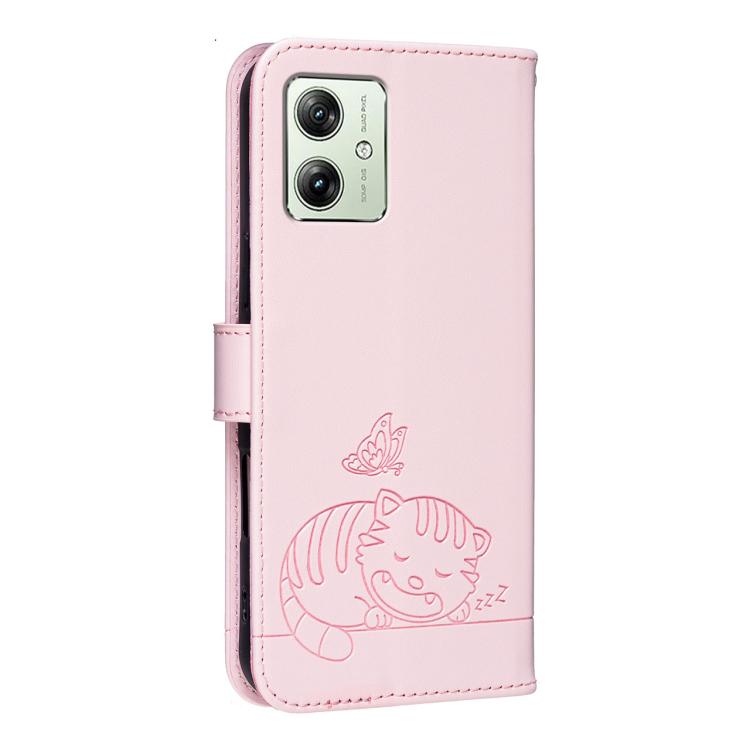 For Motorola Moto G14 / G54 Cat Butterfly Embossed RFID Vegan Leather Phone Case with Strap