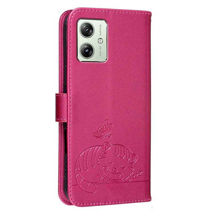 For Motorola Moto G14 / G54 Cat Butterfly Embossed RFID Vegan Leather Phone Case with Strap