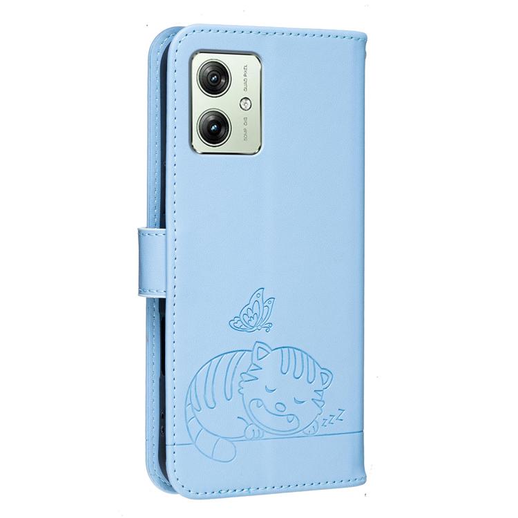 For Motorola Moto G14 / G54 Cat Butterfly Embossed RFID Vegan Leather Phone Case with Strap