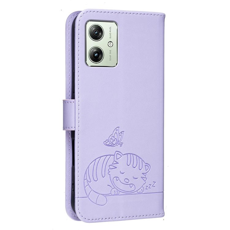 For Motorola Moto G14 / G54 Cat Butterfly Embossed RFID Vegan Leather Phone Case with Strap