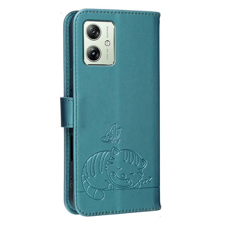 For Motorola Moto G14 / G54 Cat Butterfly Embossed RFID Vegan Leather Phone Case with Strap