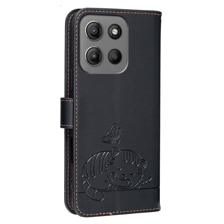 For Motorola Moto G15 Cat Butterfly Embossed RFID Vegan Leather Phone Case with Strap
