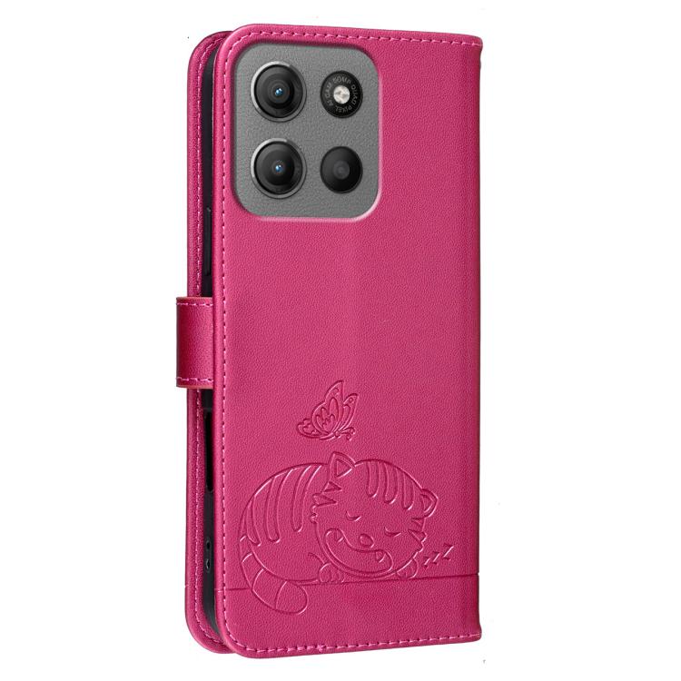 For Motorola Moto G15 Cat Butterfly Embossed RFID Vegan Leather Phone Case with Strap