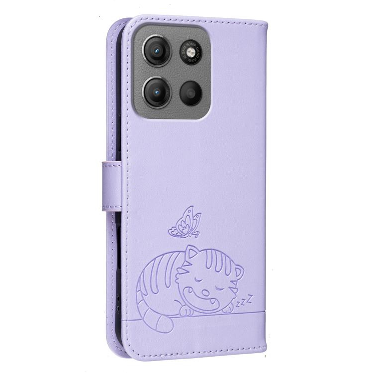 For Motorola Moto G15 Cat Butterfly Embossed RFID Vegan Leather Phone Case with Strap