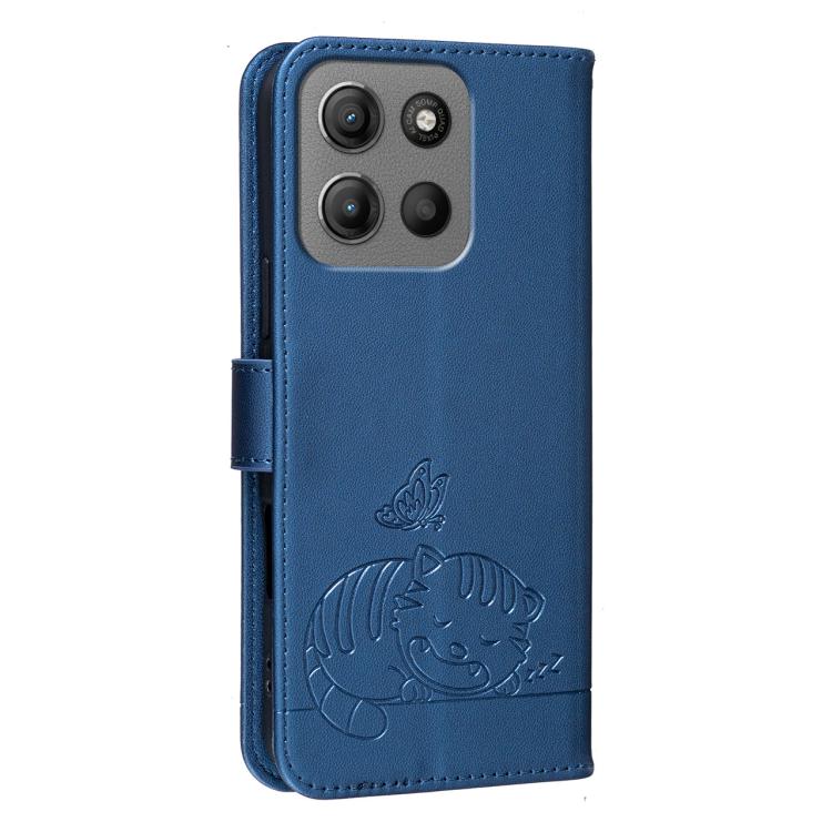 For Motorola Moto G15 Cat Butterfly Embossed RFID Vegan Leather Phone Case with Strap