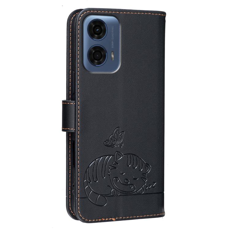For Motorola Moto G24 Power Cat Butterfly Embossed RFID Vegan Leather Phone Case with Strap
