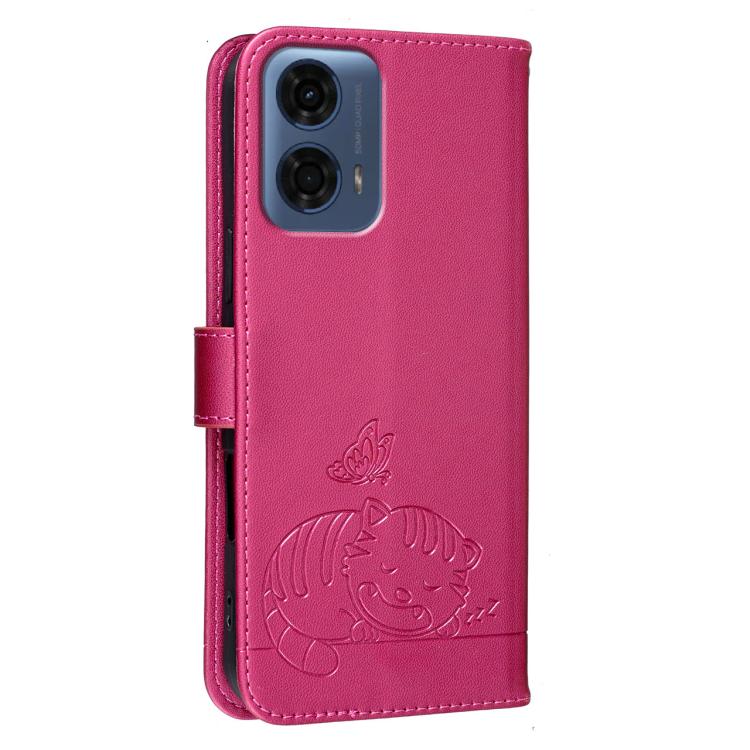 For Motorola Moto G24 Power Cat Butterfly Embossed RFID Vegan Leather Phone Case with Strap