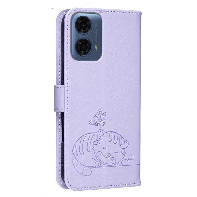 For Motorola Moto G24 Power Cat Butterfly Embossed RFID Vegan Leather Phone Case with Strap
