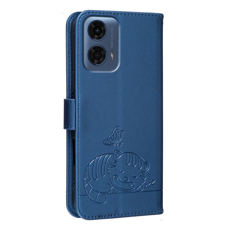 For Motorola Moto G24 Power Cat Butterfly Embossed RFID Vegan Leather Phone Case with Strap