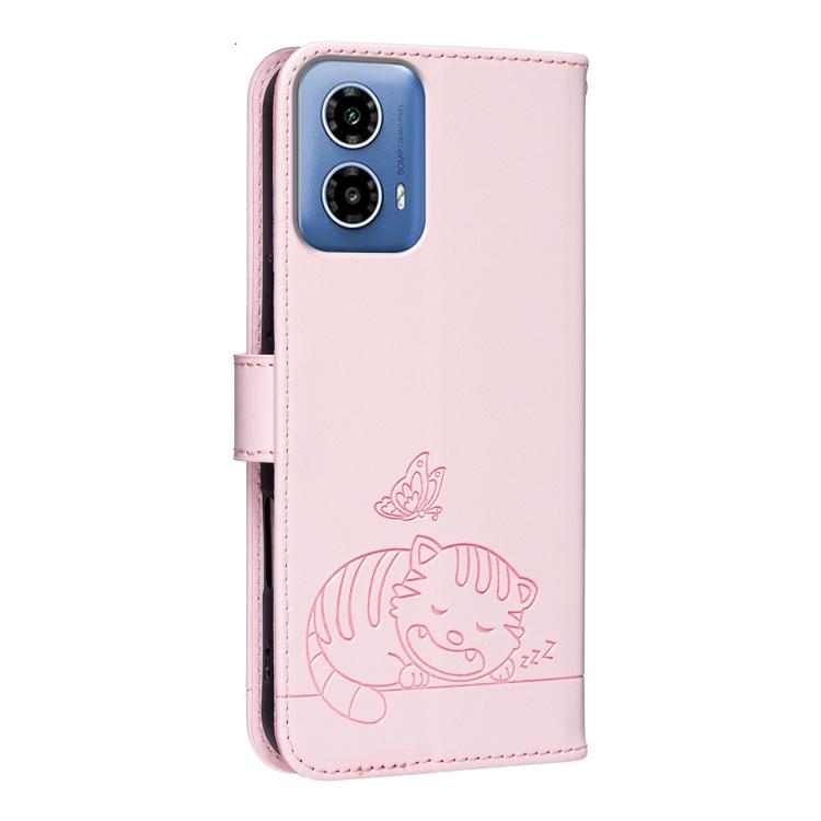 For Motorola Moto G34 Cat Butterfly Embossed RFID Vegan Leather Phone Case with Strap