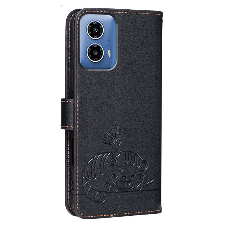 For Motorola Moto G34 Cat Butterfly Embossed RFID Vegan Leather Phone Case with Strap