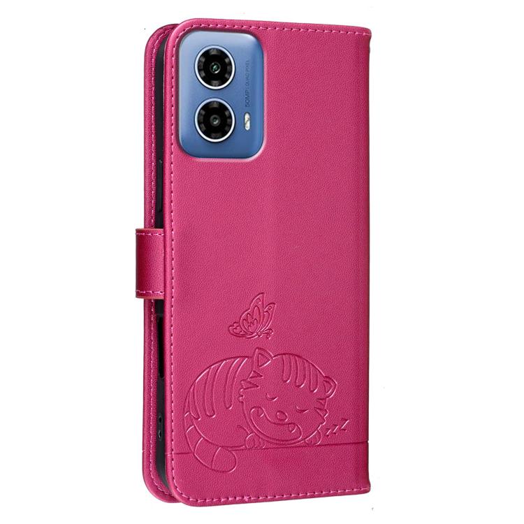 For Motorola Moto G34 Cat Butterfly Embossed RFID Vegan Leather Phone Case with Strap