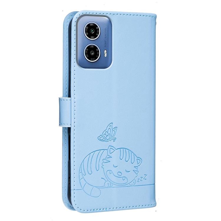 For Motorola Moto G34 Cat Butterfly Embossed RFID Vegan Leather Phone Case with Strap