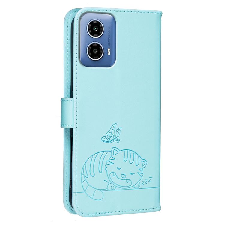 For Motorola Moto G34 Cat Butterfly Embossed RFID Vegan Leather Phone Case with Strap