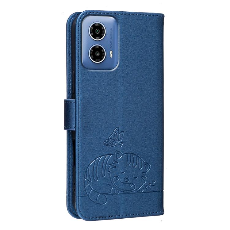 For Motorola Moto G34 Cat Butterfly Embossed RFID Vegan Leather Phone Case with Strap