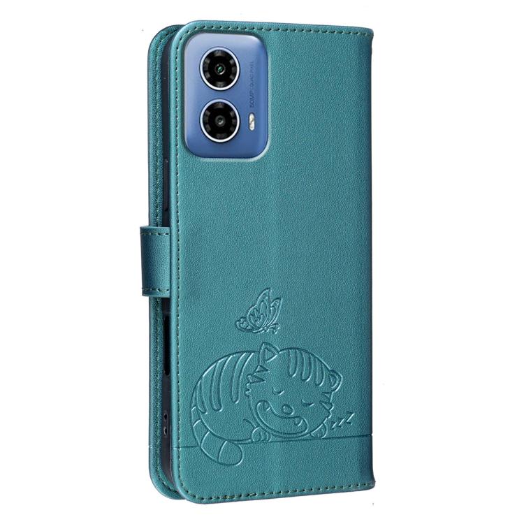 For Motorola Moto G34 Cat Butterfly Embossed RFID Vegan Leather Phone Case with Strap