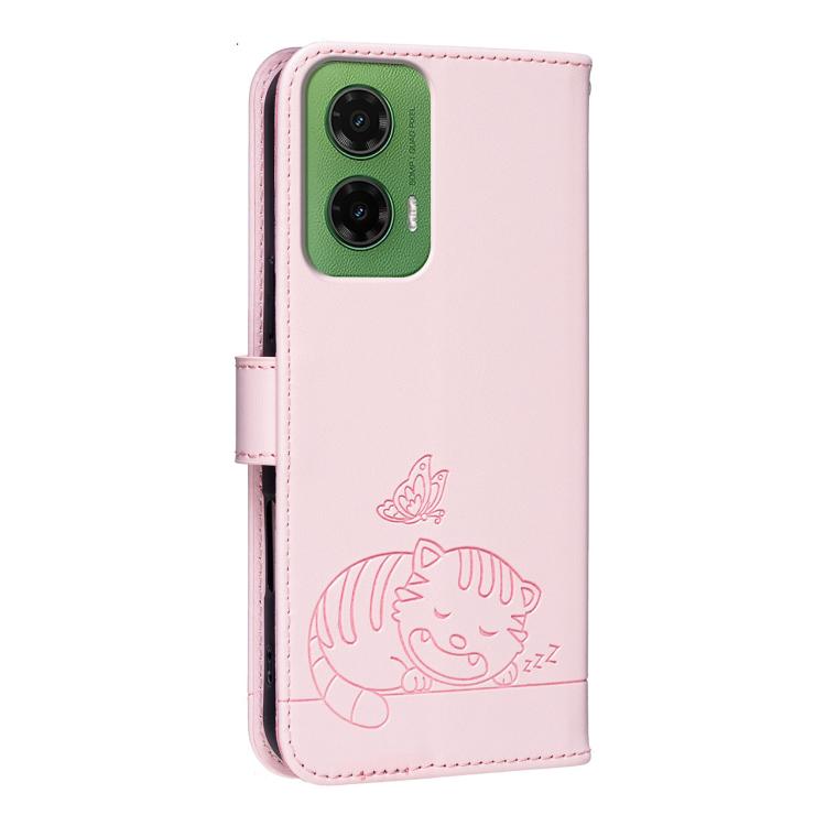 For Motorola Moto G35 Cat Butterfly Embossed RFID Vegan Leather Phone Case with Strap