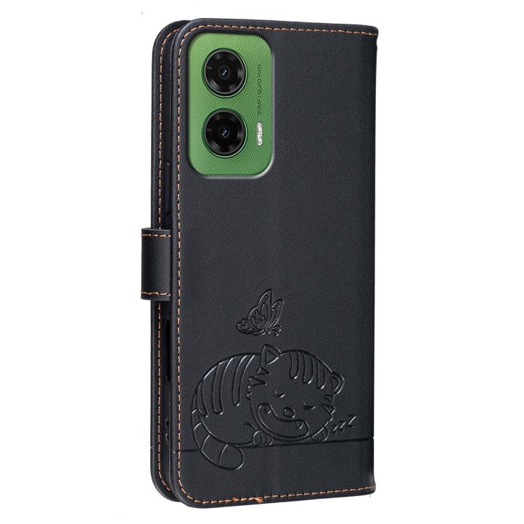 For Motorola Moto G35 Cat Butterfly Embossed RFID Vegan Leather Phone Case with Strap